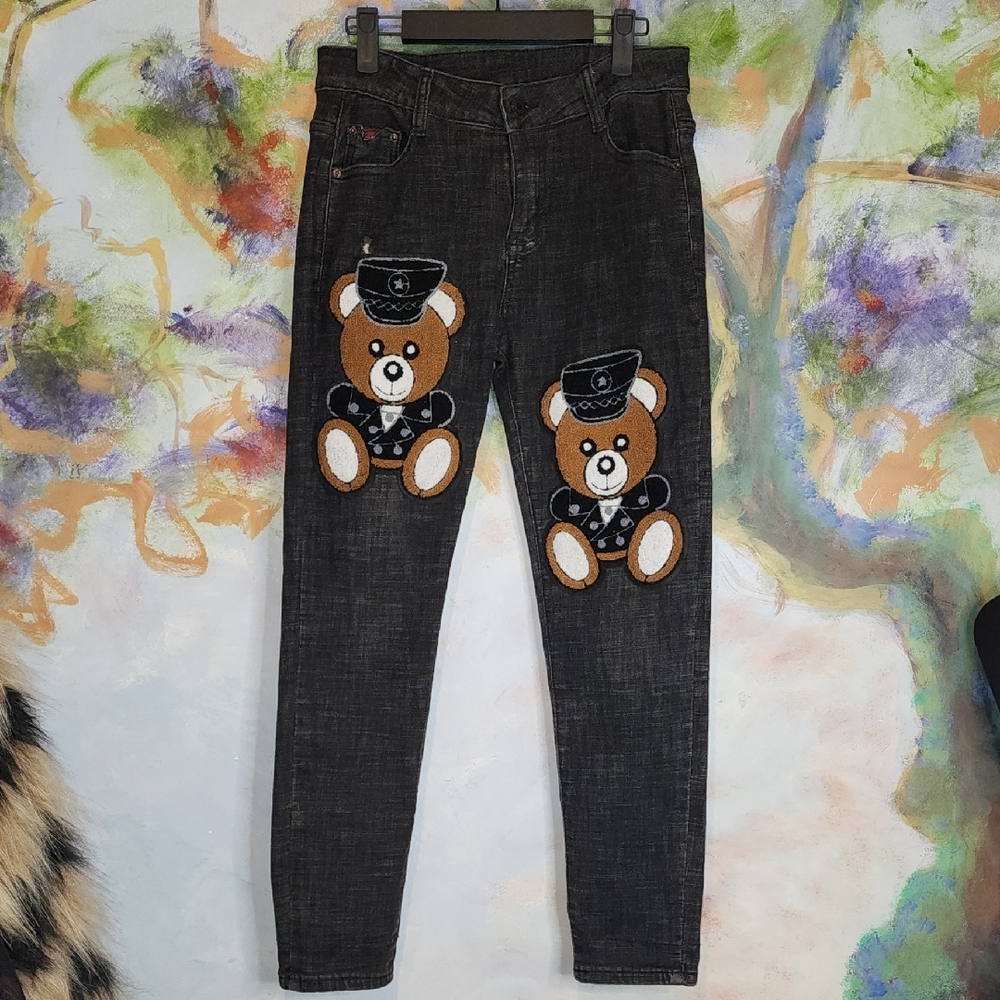 Black Skinny Jeans with Cartoon Bear Embroidery